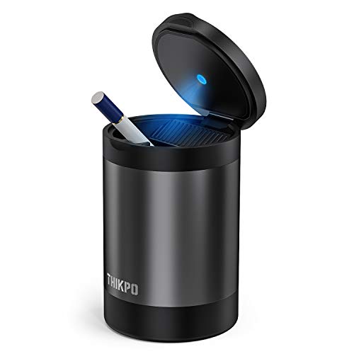 THIKPO Car Ashtray with Lid, Portable Ashtray for Car, Mini Car Trash Can, Detachable Stainless Steel Smokeless Ash Tray with LED Blue Light