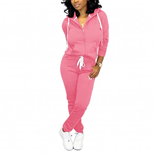 CLOCOR 2 Piece Outfits for Women - Casual 2 Piece Sweatsuit Pocket Tracksuit Long Sleeve with Patchwork Pants Set Pink-L