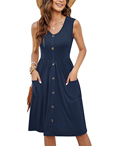 MOLERANI Women's Short Sleeve V Neck Button Down Midi Skater Dress with Pocketss(Navy Blue,L)