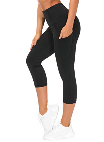 THE GYM PEOPLE Thick High Waist Yoga Capris with Pockets, Tummy Control Workout Running Yoga Leggings for Women (X-Large, Z- Capris Black)