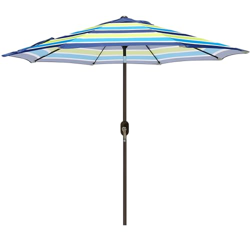 Blissun 9' Outdoor Patio Umbrella, Striped Patio Umbrella, Outdoor Table Umbrella, Market Umbrella with 8 Sturdy Ribs, Push Button Tilt and Crank (Blue and Green)