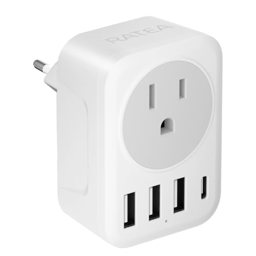 European Travel Plug Adapter, RATEA International Power Plug Adapter with 3 USB Type A, 1 Type C Outlet Adaptor Charger for US to Most of Europe EU Spain Italy France Germany, European Plug Converter