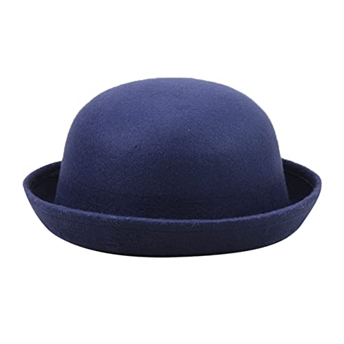 Elegant Adults Solid Hat Roll Up Brim Panama Bowler Hat Bucket Hat Mens Womens Classic Wool Round (Navy, One Size)