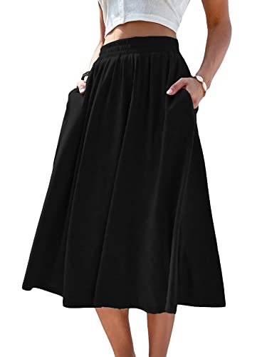 Verdusa Women's Elastic Waist Pocket Side A Line Midi Swing Flared Skirt Black M