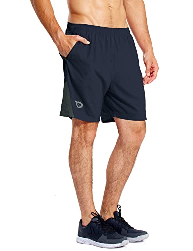 BALEAF Men's 7' Running Shorts with Mesh Liner Zipper Pocket for Athletic Workout Gym Navy Medium