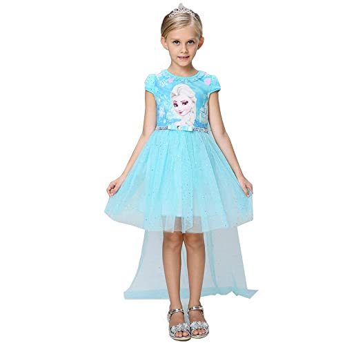 e-super Girl's Snow Queen Elsa Anna Princess Short / Long Sleeve Tutu Costume Cape Dress, Blue, 4-5T