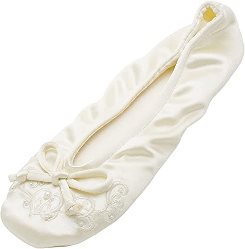 isotoner womens Satin Ballerina Slippers With Embroidered Pearl Ballet Flat, Ivory, 8 9 US