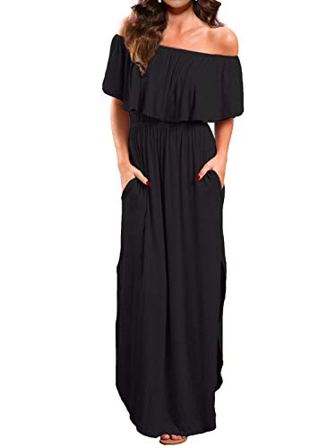 VERABENDI Women's Off Shoulder Summer Casual Long Ruffle Beach Maxi Dress with Pockets Black L
