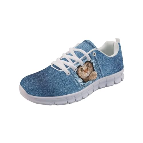 Women Tennis Shoes Denim Cat Non Slip Comfortable White Sole Lace Up Lightweight Sneaker