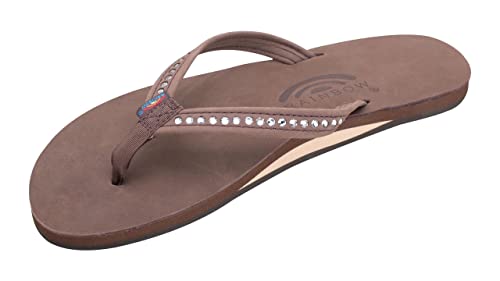 Rainbow Sandals Women's Single Layer Premier Leather w/Swarovski Crystal Narrow Strap, Expresso, Ladies X-Large / 8.5-9.5 B(M) US