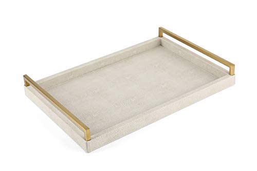 WV 17.8 * 11.8 “ Ivory Shagreen Large Serving Tray, Faux Leather Home Decorative Tray, Coffee Table Ottoman Tray with Brushed Gold Stainless Steel Handle （Ivory