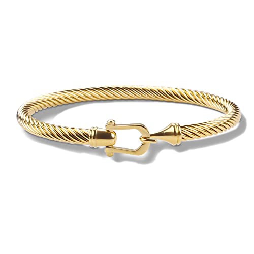 HX SHARE Twisted Cable Bracelet Stylish Fine Stainless Steel Cable Cuff Bracelet with Hook Clasp Bracelets Jewelry for Women (Upgrade 18K Gold 7.6')