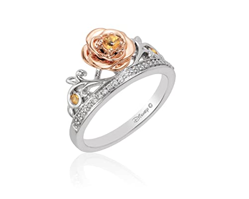 Disney Princess Belle Inspired Rose Ring with 1/10 CTTW Diamonds and Yellow Citrine in 14K Rose Gold over Sterling Silver Size 7 by Jewelili | Enchanted Disney Fine Jewelry