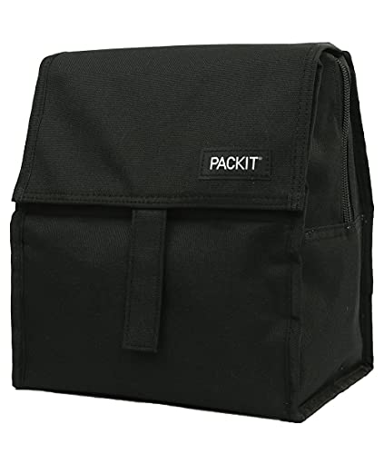PackIt Freezable Lunch Bag, Black, Built with EcoFreeze Technology, Foldable, Reusable, Zip and Velcro Closure with Buckle Handle, Perfect for School and Office Lunches
