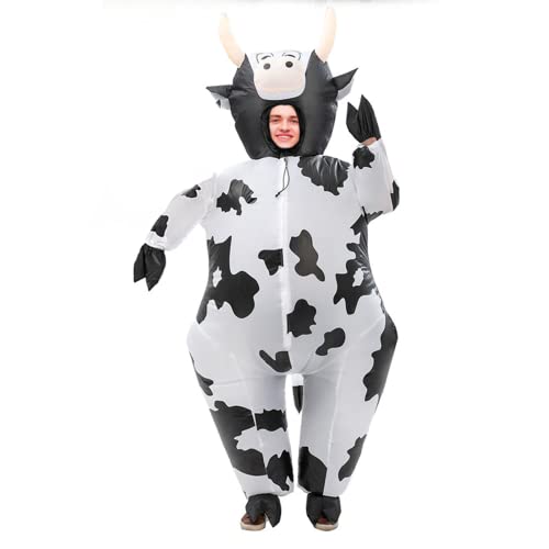 ZISUEX Dairy Cow Inflatable Costume Milk Cow Blow Up Suit Party Game Cosplay White Halloween Costume Jumpsuit Christmas