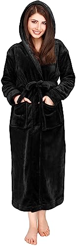NY Threads Women Fleece Hooded Bathrobe - Plush Long Robe, Black, Large