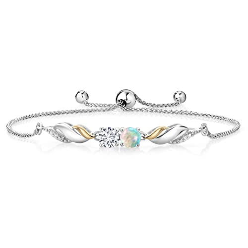 Gem Stone King 1.02 Ct Round Cabochon White Simulated Opal G-H Lab Grown Diamond 925 Silver and 10K Yellow Gold Lab Grown Diamond Bracelet For Women