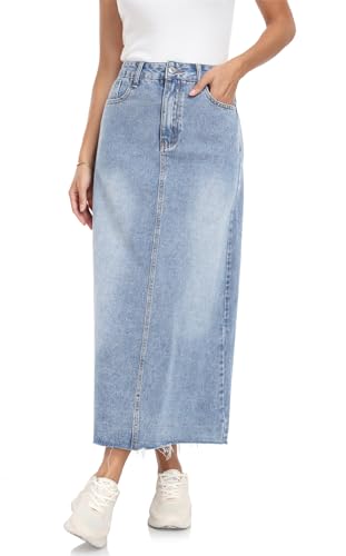 MISS MOLY Women's Maxi Long Denim Skirts High Waist Frayed Raw Hem A line Flare Jean Skirt with Pockets Washed Blue L