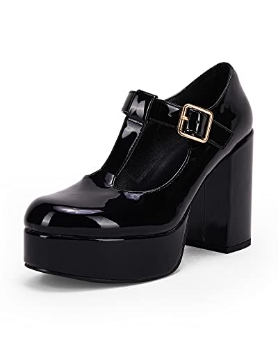 Coutgo Black Platform Heels for Women T-Strap Patent Chunky Heel Mary Jane Shoes