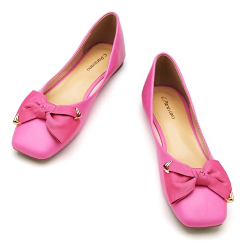 C.Paravano Women's Flats | Square Toe Flats for Women | Hot Pink Flat Shoes | Womens Leather Shoes | Slip On Dress Flats (Size 8.5,Hot Pink Flower)