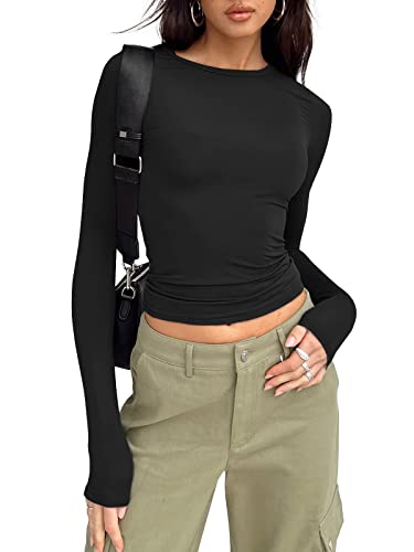 Trendy Queen Long Sleeve Shirts for Women Basic Spring Crop Tops Tight Slim Fit Cute Going Out New Year Outfits Teen Girls Fall Winter Y2k Clothes 2024 Black