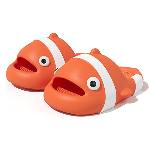 Jerzmy Clown Fish Cloud Slides for Women Men, Cute Animal Massage Slippers Funny Shower House Shoes Beach Sandals Non Slip for Indoor Outdoor Spa Gym Pool, Orange Size 8.5-9.5