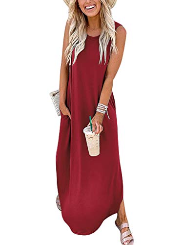 ANRABESS Women Summer Sleeve Round Neck Side Slit Long Maxi Beach Dresses Sundress with Pockets A19jiuhong-XL