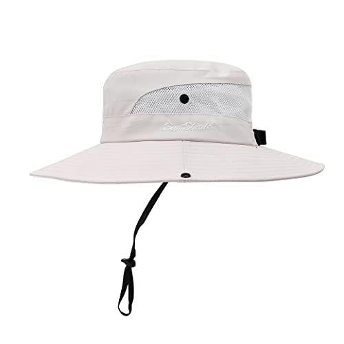 Womens Summer Sun Hat Beach Hat Wide Brim Outdoor UV Protection Hat Foldable Cool Mesh Ponytail Bucket Hat (Beige)