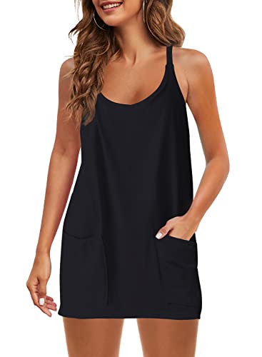 Panadila Womens Summer Sleeveless Mini Dress V Neck Spaghetti Strap Sundress Athletic Short Dress with Pockets (Black,S)