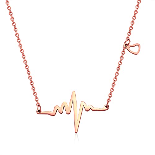 Plikin Heartbeat Necklace Stainless Steel Rose Gold Electrocardiogram Pendants Heart Necklace for Nurse Doctor