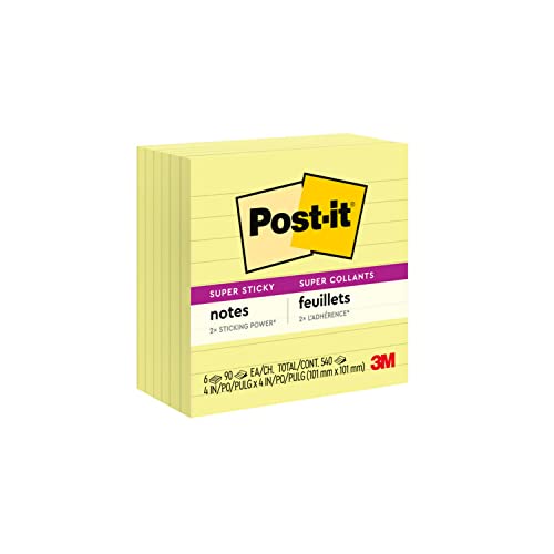 Post-it Super Sticky Notes, 4x4 in, 6 Pads, 2x the Sticking Power, Canary Yellow, Recyclable (675-6SSCY)