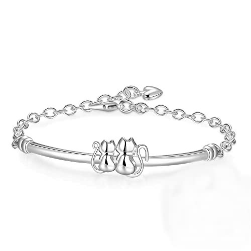 Sterling Silver Bracelet With Cute Cat Couple Bangle & Chain Combination.