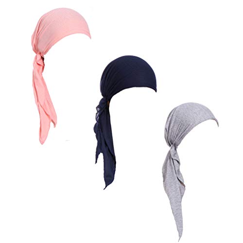 Pre Tied Head Scarves 3 Packed Slip On Beanies Chemo Covers Cap for Women (D2-Long Strap-3 Packed)