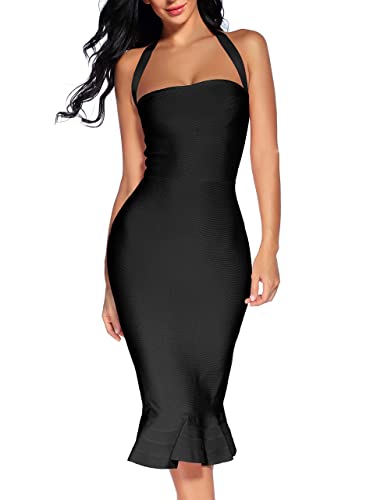 Women's Bandage Dress Sexy Halter Fishtail Bodycon Party Club Wedding Guest Dresses (M, Black)