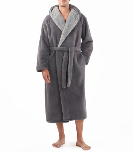 DAVID ARCHY Men's Soft Plush Fleece Robe Full Length Hooded Long Bathrobe for Men with Hood (L, Dark Gray- Shu Velveteen)