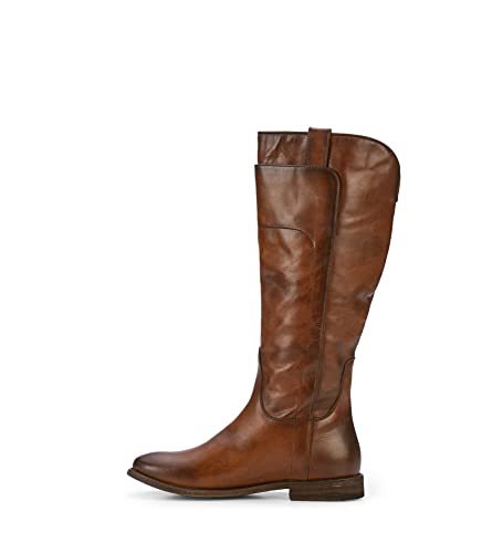Frye Paige Tall Riding Boots for Women Made from Antiqued Italian Leather with Overlapping Front Panels, Stacked Leather Heel, and Leather Outsole – 16” Shaft Height, Cognac - 8 M