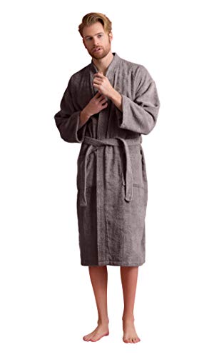 Soft Touch Linen Men's Robe, Turkish Terry Bathrobe, Turkish Terry Kimono Spa Bathrobe (Large, Gray)