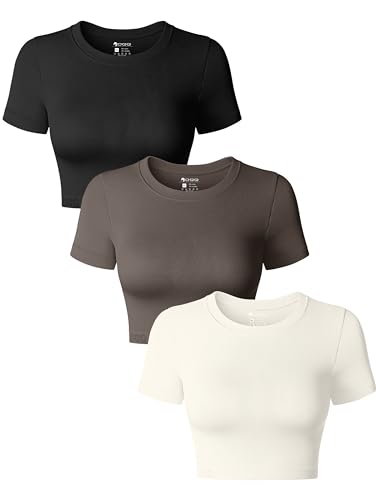 OQQ Women's 3 Piece Crop Tops Crew Neck Shorts Sleeve Stretch Fitted Shirts Crop Tops Black Tea Leaf Beige