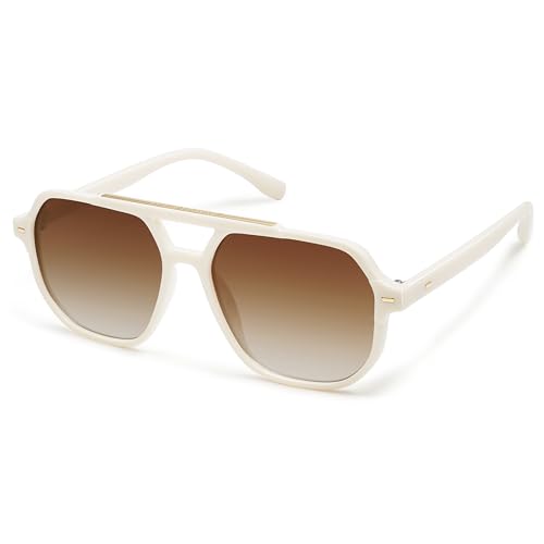 SOJOS Retro Trendy Aviator Polarized Sunglasses Men Women Vintage 70s Square Stylish Frame Sun Glasses SJ2283 White Brown Grading Lens