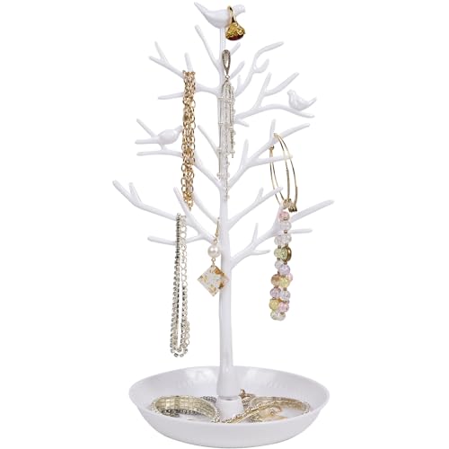 ChezMax Jewelry Display Necklace Earring Organizer Holder Plastic Birds Tree Stand with Tray Antique Bracelet Rings Rack Tower Decoration for Women Girl White 11.8 Inch