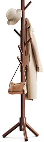 Pipishell Sturdy Wooden Coat Tree with 8 Hooks, 3 Adjustable Sizes for Clothes, Hat Stand Used in Bedroom/Office/Entryway, Brown
