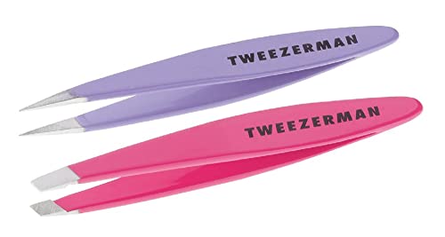 Tweezerman Mini Slant and Point Tip Tweezer - Tweezers Set for Eyebrows, Facial Hair, Ingrown Hairs