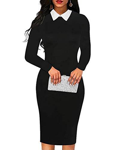 Aphratti Women's Peter Pan Collar Long Sleeve Work Sheath Dress Black01 M