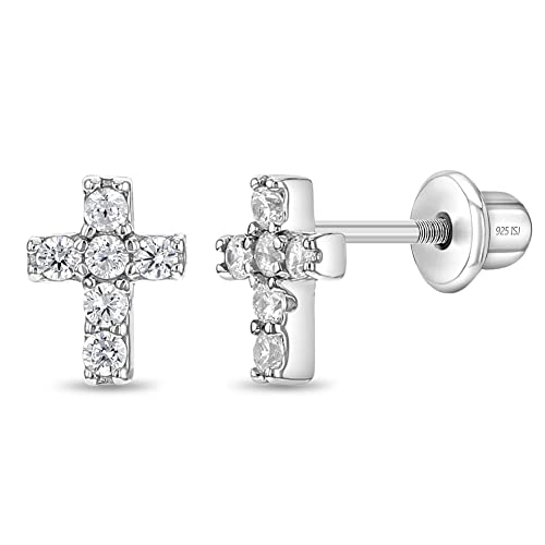 925 Sterling Silver Young Girl's Little Cross Stud Earrings with Clear CZ & Safety Screw Backs - Hypoallergenic Clear Cubic Zirconia Kids Earrings for Toddler Girls, Pre-Teen, Teens