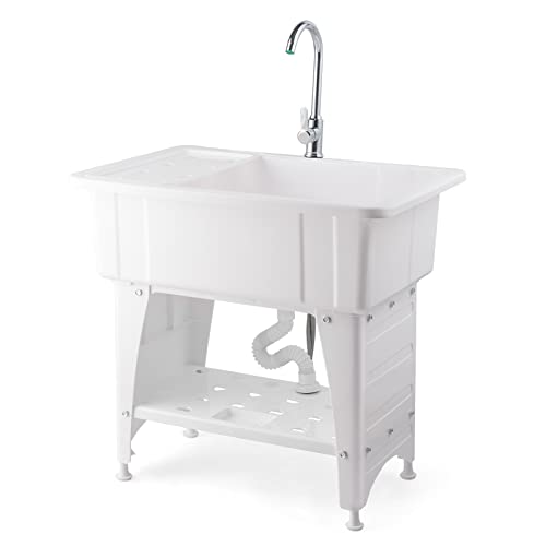 VINGLI Utility Sink Laundry Tub for Washing Room, Freestanding Utility Sink with Stainless Steel Faucet, White, 32.3'W x 22.4' D x 29.9'H