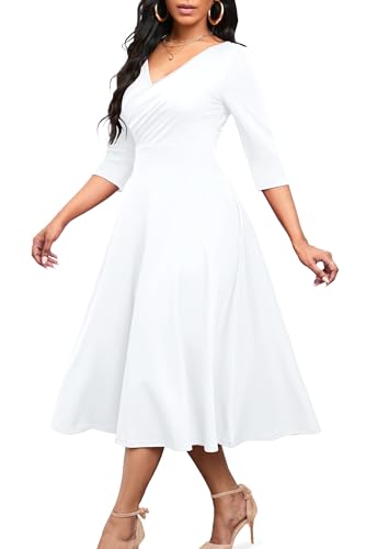 Nmoder Women's Casual Wrap Flared Midi Dress Wedding Guest Cocktail Tea Dresses A-Line Swing V-Neck 3/4 Sleeve White L