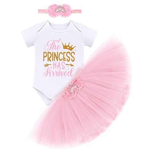 Newborn Coming Home from Hospital Outfit: The Princess Has Arrived Baby Girl Romper Tulle Tutu Skirt Headband 1st Birthday Cake Smash Photoshoot New Born Infant Girls Clothes Full Set Pink 0-3 Months