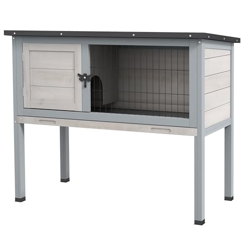 PawHut Elevated Wooden Rabbit Hutch, Indoor/Outdoor Bunny Cage with Hinged Asphalt Roof and Removable Tray for Guinea Pig, Gray