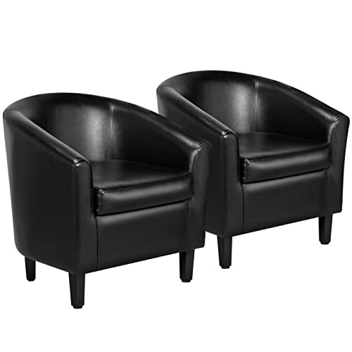Yaheetech Black Chair, Faux Leather Chairs Armchairs Comfy Barrel Chairs Modern Club Chair Soft Padded Seat Living Room Bedroom Reading Room Waiting Room,Set of 2