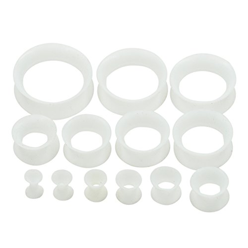 Qmcandy 26pcs 8G-1' White Thin Silicone Double Flared Hollow Flexible Ear Tunnels Kit Ear Stretching Set (13 Pairs)